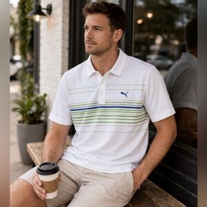 Puma MATTR Canyon Golf Polo Men’s Size XL White Green Stripe DryCELL EUC